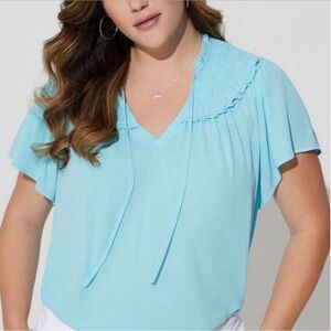 Torrid Blue Topaz Gauze Smocked Yoke Ruffle Top